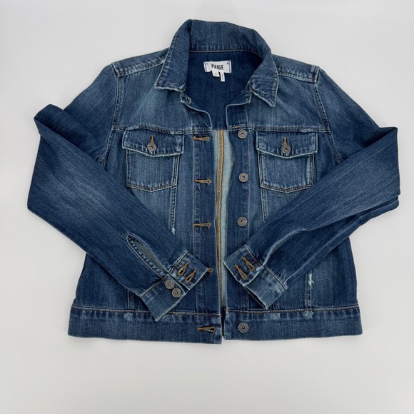 Paige Denim Jacket Women's Small Dark Wash Button Front Casual Trucker Blue - Picture 1 of 6
